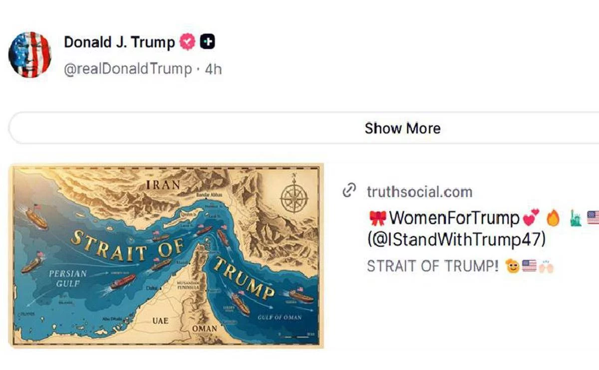 Stretto di Hormuz diventa ‘Stretto di Trump’: la nuova mappa condivisa su Truth