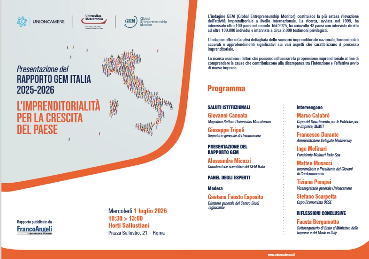 Rapporto Gem Italia 2025-26 di Universitas Mercatorum, tasso attivazione 11%, Italia 30ma su 48 paesi